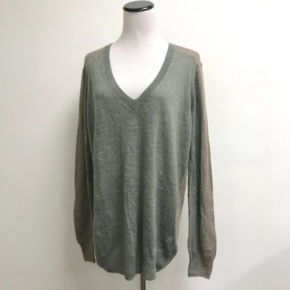 G Star Raw Women' gray brown block pattern v neck fine wool sweater oversized M